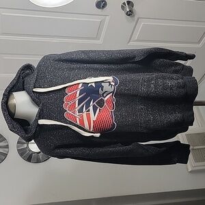 Jon Lauren Pat Gloves Hoodie Pullover Speckled Gray New England on Sleeve Size L